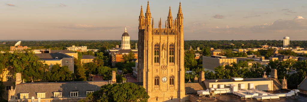 Drone shot of Memorial hall on Mizzou campus.